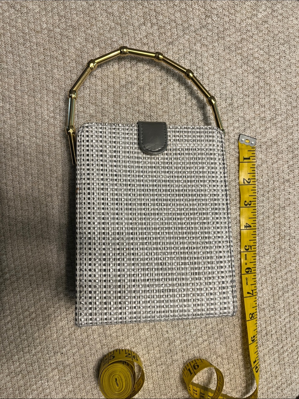 Silver Crystal Mesh Mini Top-Handle Bag with Gold Bamboo Handle